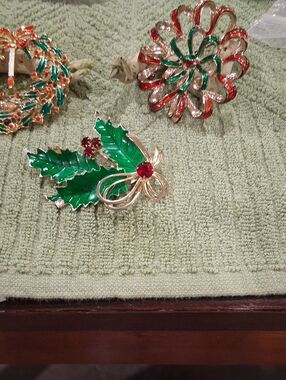 Festive Green and Red Christmas Brooches